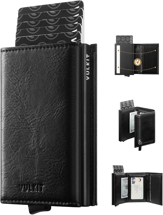 VULKIT Pop up Wallet Minimalist Cash Wallets RFID Blocking Leather Smart Credit Card Holder with Magnetic Closure for Men