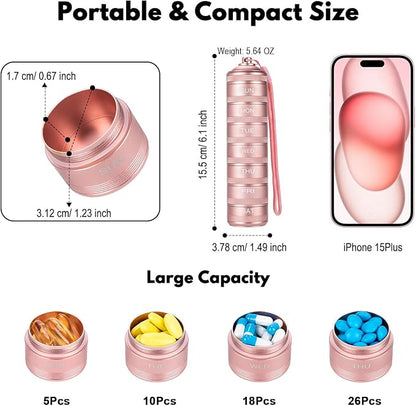 7 Day Travel Pill Organizer - Metal Waterproof Vitamin Case Pill Box, Daily Pill Container 7 Compartments, Weekly Pill Containers for Medicine Supplements Fish Oil