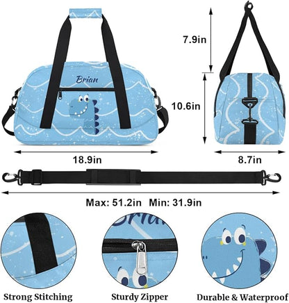 Personalized Duffel Bag for Kids Girls Boys, Dinosaur Wave Custom Name Gym Bag Overnight with Padded Handles Carry On Weekend Sports Travel Bag for School Practice Gymnastics Ballet