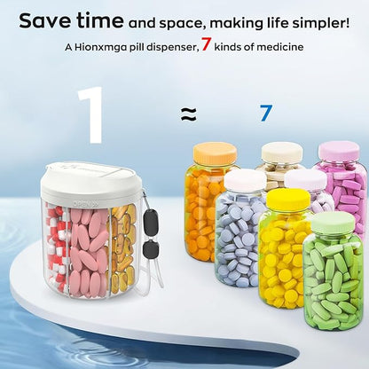 Pill Dispenser with 7 Large Compartments, 4.4" H x 3.6" Dia Pill Organizer for Travel, Supplement Organizer with Anti-Mixing Design, BPA-Free Pill Container with 20 Pcs Labels, Black+ Beige