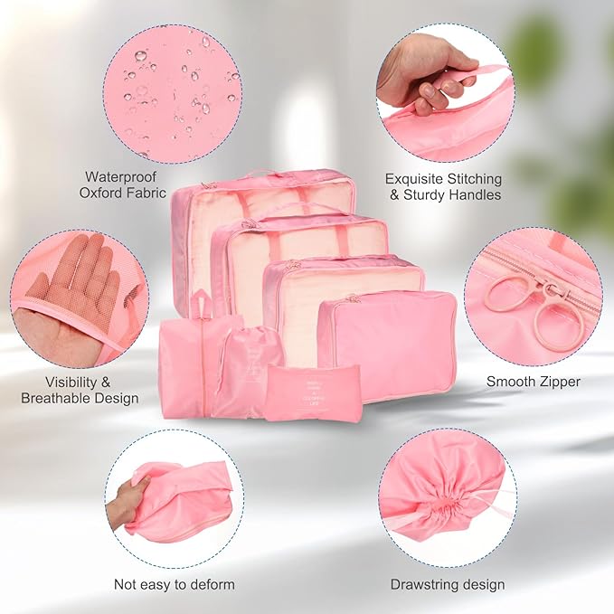 uxcell 7Set Travel Packing Cube, Travel Bags Organizer Luggage Organizer Bags Lightweight Compression Cube Travel Essentials with Shoe Bag for Outdoor Carry on Suitcases, Pink