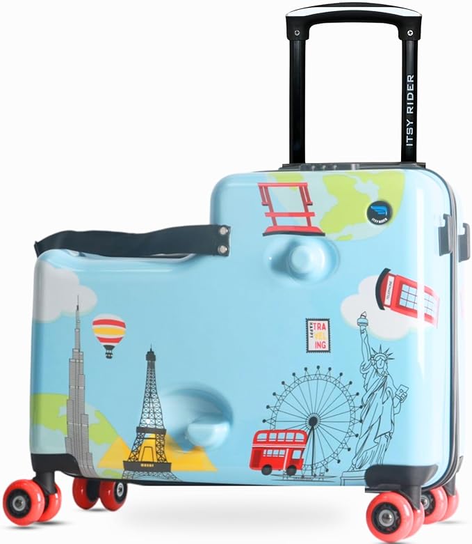 2025 Itsy Rider 20" Ride-on Suitcase for Kids with Double Spinner Red Wheels (Blue Landmarks)
