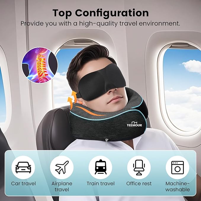 Travel Neck Pillow for Airplane -360° Support, Stocking Stuffers, Memory Foam Travel Pillows for Airplanes With Eye Mask & Earplugs, Portable Carry Bag for Long Flights/Car| Best Airplane Accessories