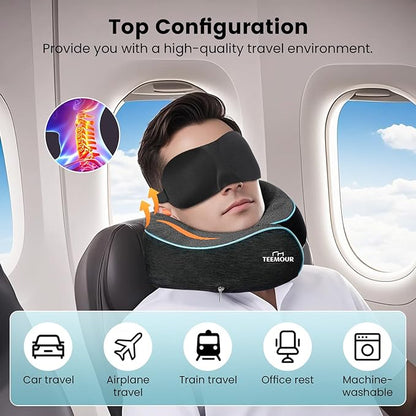 Travel Neck Pillow for Airplane -360° Support, Stocking Stuffers, Memory Foam Travel Pillows for Airplanes With Eye Mask & Earplugs, Portable Carry Bag for Long Flights/Car| Best Airplane Accessories