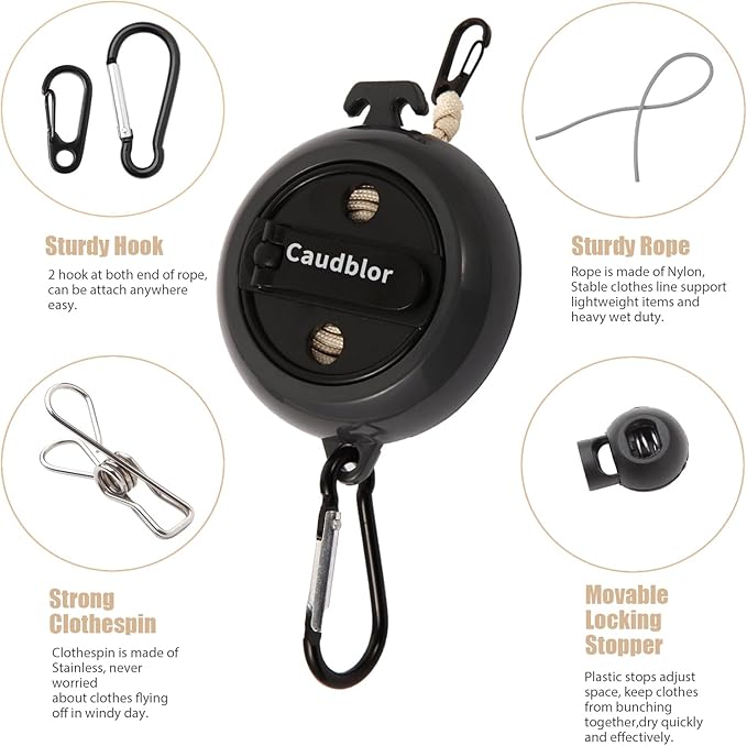 Portable Travel Clothesline Cord, Caudblor Adjustable 33ft Camping Clothes line, Laundry Drying Rope for Hotel Trip, Cruise, Outdoor/Indoor, with 12Pcs Stoppers, Windproof Clothespins