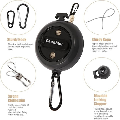 Portable Travel Clothesline Cord, Caudblor Adjustable 33ft Camping Clothes line, Laundry Drying Rope for Hotel Trip, Cruise, Outdoor/Indoor, with 12Pcs Stoppers, Windproof Clothespins