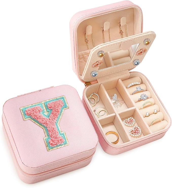 SANDJEST Personalized Jewelry Box, Pink Travel Jewelry Box with Initial Y, Small Monogrammed Jewelry Case Organizer for Girls Women Teen Kids, Mini Travel Essentials Gifts for Birthday Christmas