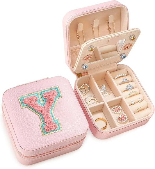 SANDJEST Personalized Jewelry Box, Pink Travel Jewelry Box with Initial Y, Small Monogrammed Jewelry Case Organizer for Girls Women Teen Kids, Mini Travel Essentials Gifts for Birthday Christmas