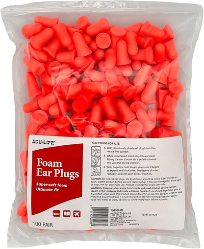 Acu-Life Foam Ear Plugs (100 Pair), Super-Soft Ear Plugs for Sleeping, Snoring, Noise, Ideal for Studying and Traveling, Ultimate Fit, Red