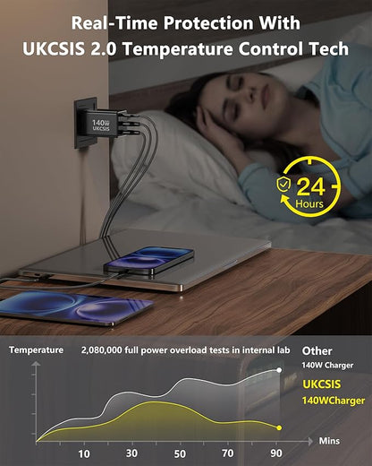 140W USB C Charger Block, Foldable 3-Port Multi-Device Fast Charger USB C Power Adapter for MacBook pro/Air, Dell, Samsung Galaxy, iPad Pro, and More (Black)