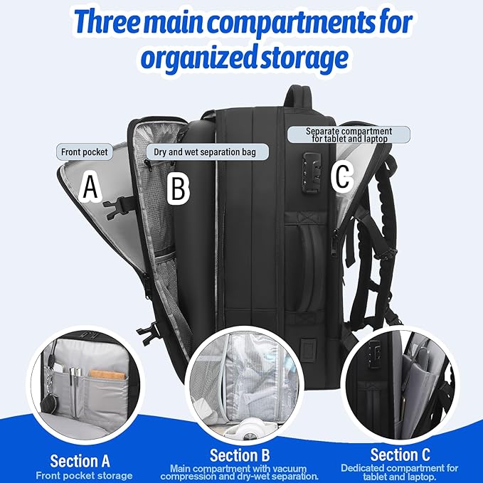 Vacuum Seal Travel Backpack W/Pump Built-in - 60L Water-Resistant Carry-On Vacuum Backpack Travel Bag Expandable Air Compression System with TSA Lock Fits19 Laptop (Black)