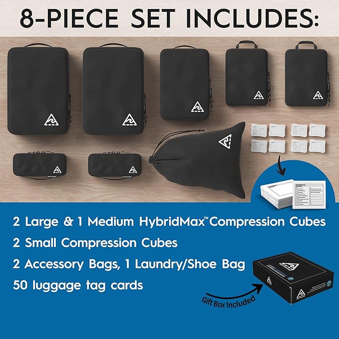 8-Piece Luxury Compression Packing Cubes & Bags for Travel – Maximize Space in Luggage with HybridMax Double-Capacity Design, 50 Luggage Tags, Deluxe Set, Lifetime Satisfaction Suitcase Organizer Bags