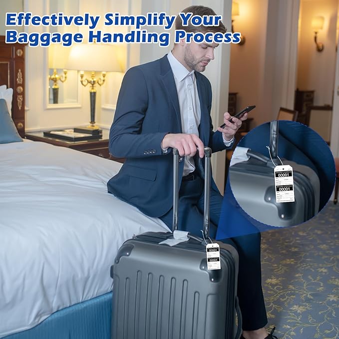 200 Pcs Baggage Claim Tag Hotel Luggage Tag Bulk with White String Paper Baggage Claim Check Tags Perforated Claim Ticket Black Luggage Id Tickets Serial Numbering for Hotel Motel Bag Storage