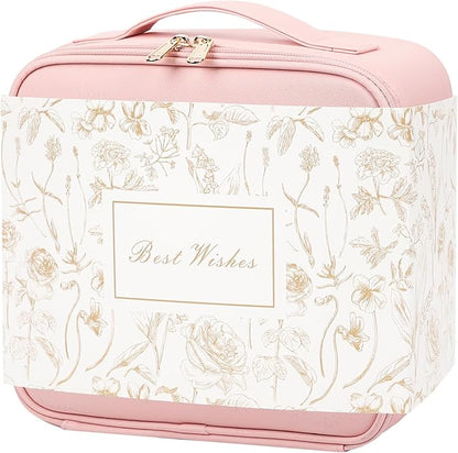 Chomeiu Makeup Bag with LED Mirror, Cute Cosmetic Bags Birthday Gifts for Girls Women, Makeup Train Case Artists Organizer Large Make Up Bags with Light Up Mirror 3 Color Lights, Pink