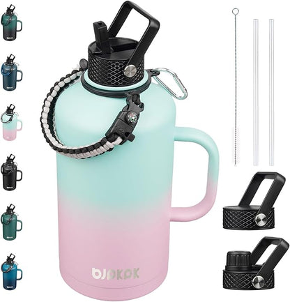 BJPKPK 2/3 Gallon Water Bottle Insulated with Straw Lid, 50oz, 64oz, 87oz, 128oz Large, Stainless Steel Water Bottles with 3 Lids and Paracord Strap, Double Wall Vacuum Metal Water Jug,Marshmallow