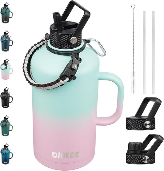 BJPKPK 2/3 Gallon Water Bottle Insulated with Straw Lid, 50oz, 64oz, 87oz, 128oz Large, Stainless Steel Water Bottles with 3 Lids and Paracord Strap, Double Wall Vacuum Metal Water Jug,Marshmallow