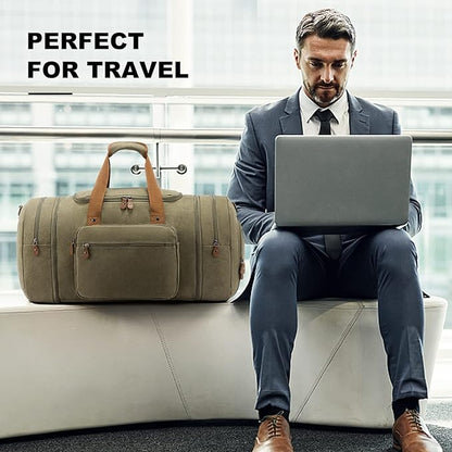 Sucipi Canvas Travel Duffel Bag for Men, Weekend Overnight Bag with Shoe Compartment and Toiletry Bag, Carry-On for Airplanes, Army green