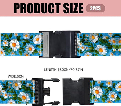 Nuxovilar Luggage Straps of 2 Set White Daisies on Blue Background Pattern, Durable Material 1.96 * 70.86 Inches for Suitcases, Travel Gear for 22-28 Inch Luggage, Perfect for Spring Trips