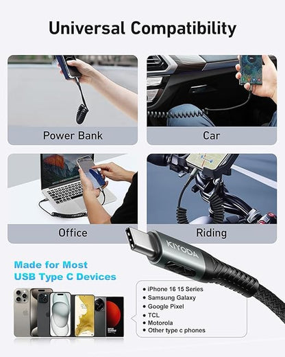 USB C Cable for Car 3FT/6FT, Coiled USB C to USB C Cable Fast Charging 66W, Braided USB Type C Charger Cord Compatible with iPhone 17 16 15 Pro Max, Samsung, Google Phones and More Type C Devices