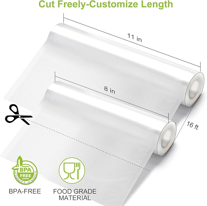 [2025 Upgraded] Bonsenkitchen 3 Rolls 11" x 16' + 3 Rolls 8" x 16' Vacuum Sealer Bags for Food with a Color Box, Easy to Store, Commercial Grade, BPA Free, Great for Food Storage or Sous Vide, VB22