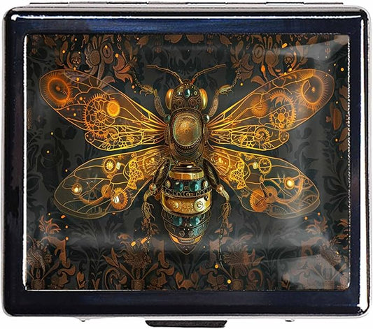 7 Days Chromed Shiny Silver Pill Organizer with Mirror Inside Has 8 Separate Compartments Rectangle Cute Travel Pill Organizer for Purse 7 Days (Bees)