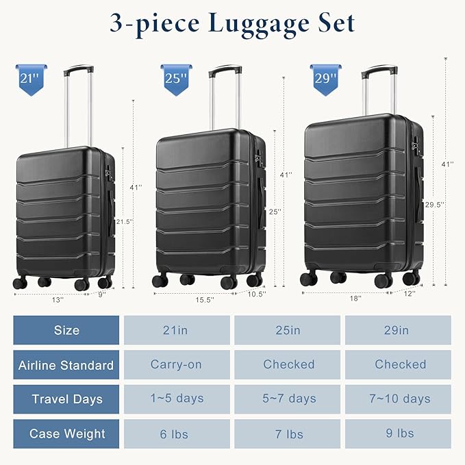 NEWBULIG Suitcases Spinner Wheels Lightweight Expandable Travel Hard Shell Luggage with TSA Lock, Black, 3-PCS Set (21/25/29 Inch)
