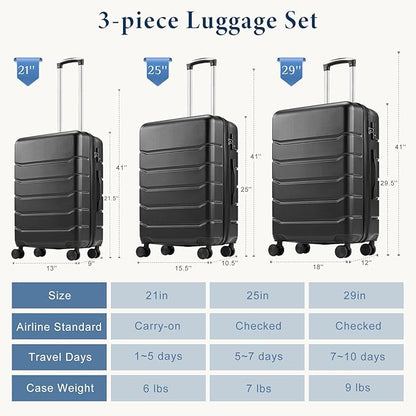 NEWBULIG Suitcases Spinner Wheels Lightweight Expandable Travel Hard Shell Luggage with TSA Lock, Black, 3-PCS Set (21/25/29 Inch)