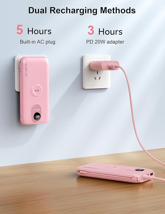 Portable Charger, 10000mAh 22.5W Fast Charging Power Bank with Built in Cable & Wall Plug, Travel Essential Battery Pack with LED Display, External Charger for iPhone, iWatch 11/10/9/8/Ultra/SE Pink