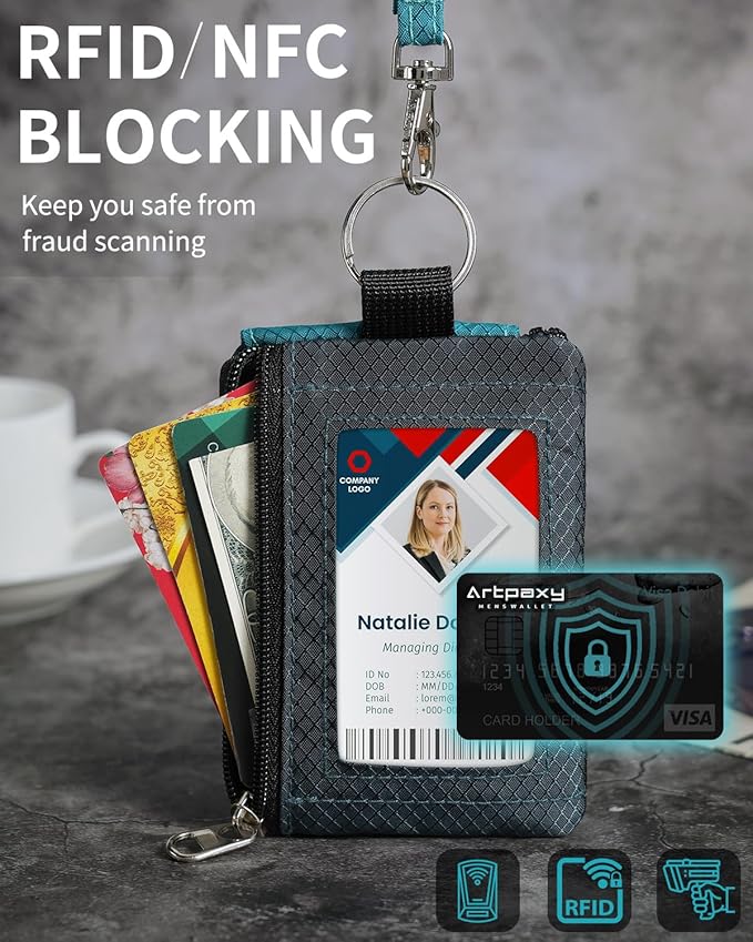 Minimalist Wallet For Mens Womens, Keychain RFID Blocking Zipper Small Wallet with ID Window 2 Lanyards,Water Resistant Travel Cash Card Coin Case Boys Girls