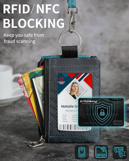 Minimalist Wallet For Mens Womens, Keychain RFID Blocking Zipper Small Wallet with ID Window 2 Lanyards,Water Resistant Travel Cash Card Coin Case Boys Girls