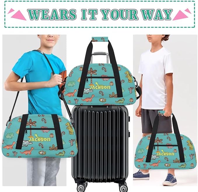 Personalized Duffel Bag for Kids Girls Boys, Dinosaurs Custom Name Gym Bag Overnight with Padded Handles Carry On Weekend Sports Travel Bag for School Practice Gymnastics Ballet