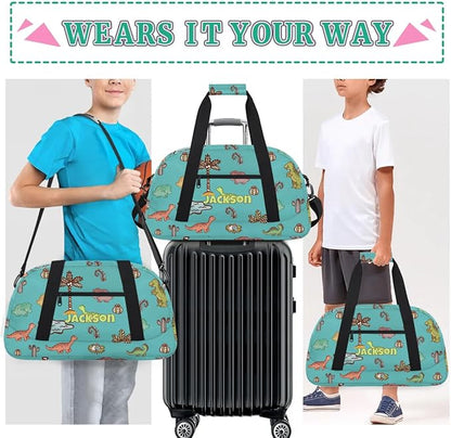 Personalized Duffel Bag for Kids Girls Boys, Dinosaurs Custom Name Gym Bag Overnight with Padded Handles Carry On Weekend Sports Travel Bag for School Practice Gymnastics Ballet
