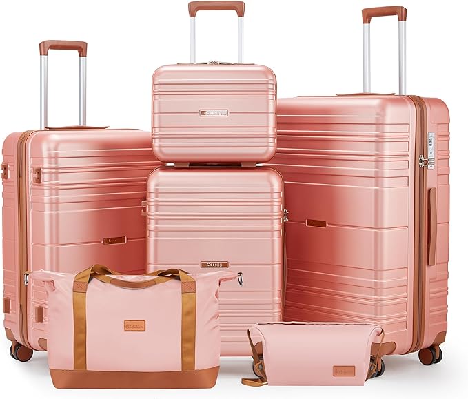 Luggage Sets 6 Piece with Spinner Wheels, Lightweight Hardshell Suitcase Set with TSA Lock, Carry On Checked Luggage with Travel Bag & Toiletry Bag (Pink, 6 piece sets（14/20/24/28/DB/TB）)