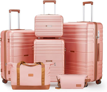 Luggage Sets 6 Piece with Spinner Wheels, Lightweight Hardshell Suitcase Set with TSA Lock, Carry On Checked Luggage with Travel Bag & Toiletry Bag (Pink, 6 piece sets（14/20/24/28/DB/TB）)