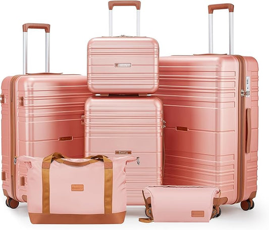 Luggage Sets 6 Piece with Spinner Wheels, Lightweight Hardshell Suitcase Set with TSA Lock, Carry On Checked Luggage with Travel Bag & Toiletry Bag (Pink, 6 piece sets（14/20/24/28/DB/TB）)