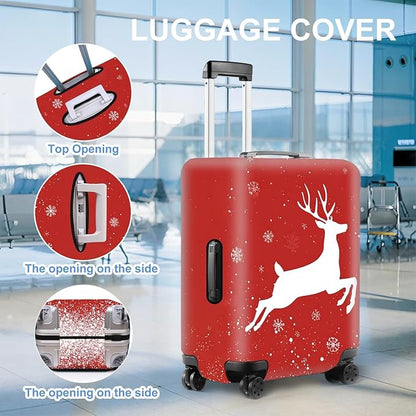 Red Christmas Deer Luggage Cover – Reindeer Suitcase Protector, Stretchable Waterproof Holiday Travel Luggage Sleeve,S