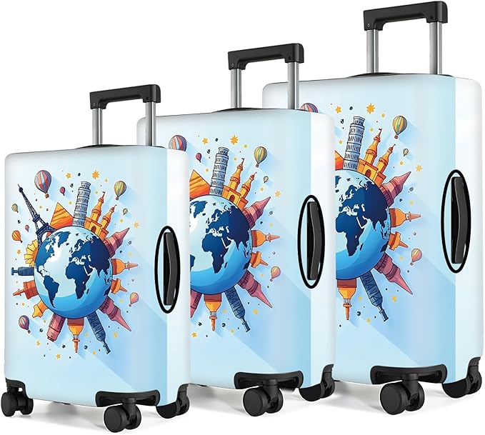 Luggage Cover - World Travel Themed Suitcase Protector with Iconic Landmarks and Hot Air Balloons Tsa Approved- Durable, Elastic, and Stylish Design for Travel Bags,L