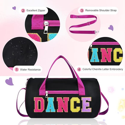 Dance Bag for Girls, KUIRAN 23L Waterproof Travel Duffel Bag with Colorful Chenille Letter, Lightweight Small Gym Sport Ballet Bag Weekender Bag with Large Main Compartment 15"Lx9"Wx9"H - Black
