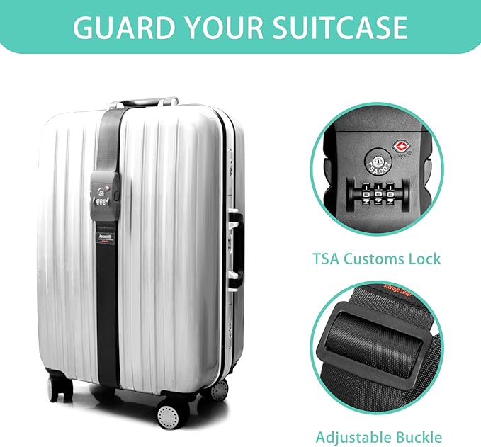 Luggage Strap Belt for 20"-32" Suitcase with TSA Approved 3-Dial Combination Lock Wide Adjustable Packing Straps Travel Accessories, Black