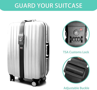 Luggage Strap Belt for 20"-32" Suitcase with TSA Approved 3-Dial Combination Lock Wide Adjustable Packing Straps Travel Accessories, Black