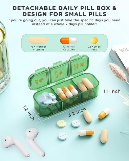 Pill Organizer 3 Times A Day, 7-Day Pill Box 3 Times A Day - Acedada Weekly Medicine Box Organizer, 7 Detachable Portable Daily Pill Container Dispenser Case for Vitamins Fish Oils Supplements, Green
