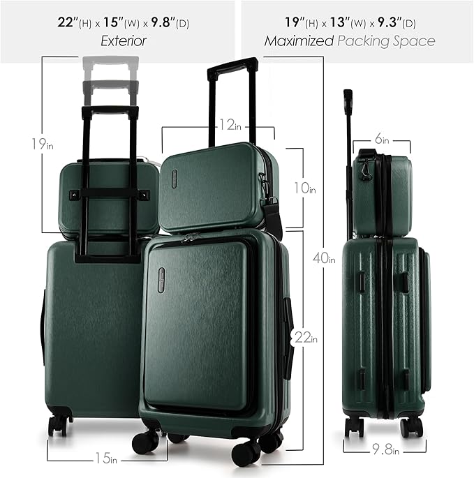 TRAVELARIM 22 Inch Carry On Luggage 22x14x9 Airline Approved, Small Carry On Suitcase, Hard-shell Carry-on Luggage with Wheels, Durable Green Luggage Carry-On with Cosmetic Case and Luggage Scale