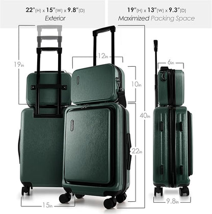 TRAVELARIM 22 Inch Carry On Luggage 22x14x9 Airline Approved, Small Carry On Suitcase, Hard-shell Carry-on Luggage with Wheels, Durable Green Luggage Carry-On with Cosmetic Case and Luggage Scale