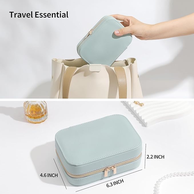 Genuine Leather Travel Jewelry Organizer Case with Mirror for Women, Small Mini Portable Jewelry Box for Ring Earrings Necklace Bracelet Luxury Gift for Women（Dark Green）