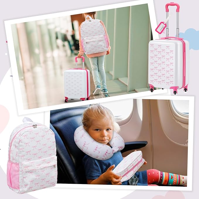 Redbaker 6 Pcs Kids Luggage Set 17 Inch Kids Rolling Luggage Double Pattern Suitcase for Girls Boys School Gift(Pink, 17 Inch, Bow Style)