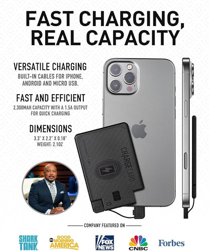 AquaVault ChargeCard – Ultra Slim Emergency Power Bank (2300mAh) – Fits in Wallet – USB-C & Micro-USB – Durable Steel Body – Flight-Safe for iPhone 12-17 & Android - Matte Black