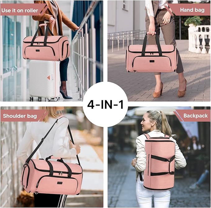 Convertible Garment Bags for Travel, 58L Capacity Garment Duffle Bag Carry on Garment Bag Weekender Travel Backpack, 4 in 1 Suit Bag with Shoes Compartment for Men Women,Pink