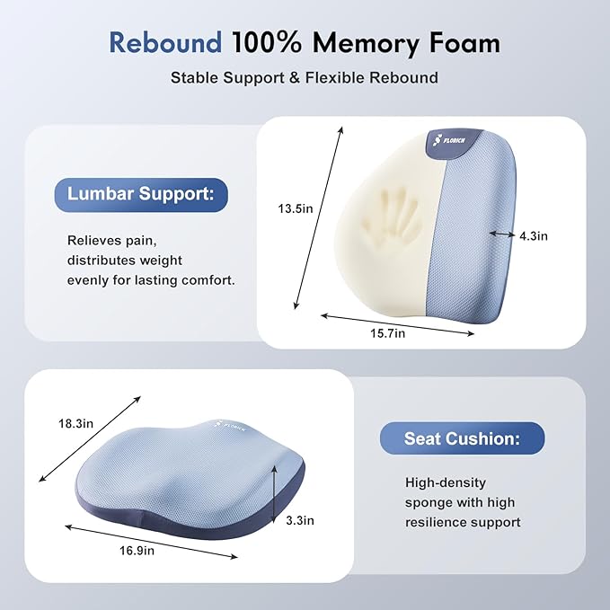 FLORICH Seat Cushion and Lumbar Support Pillow for Office Chair Car, Ergonomic Memory Foam Back Support for Office Gaming Chair Driving Seat Wheelchair, Relieves Neck, Back & Sciatica Pain – Blue