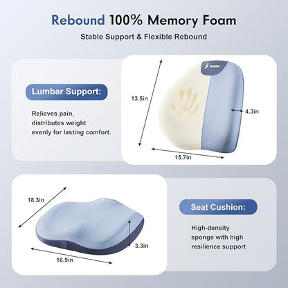 FLORICH Seat Cushion and Lumbar Support Pillow for Office Chair Car, Ergonomic Memory Foam Back Support for Office Gaming Chair Driving Seat Wheelchair, Relieves Neck, Back & Sciatica Pain – Blue