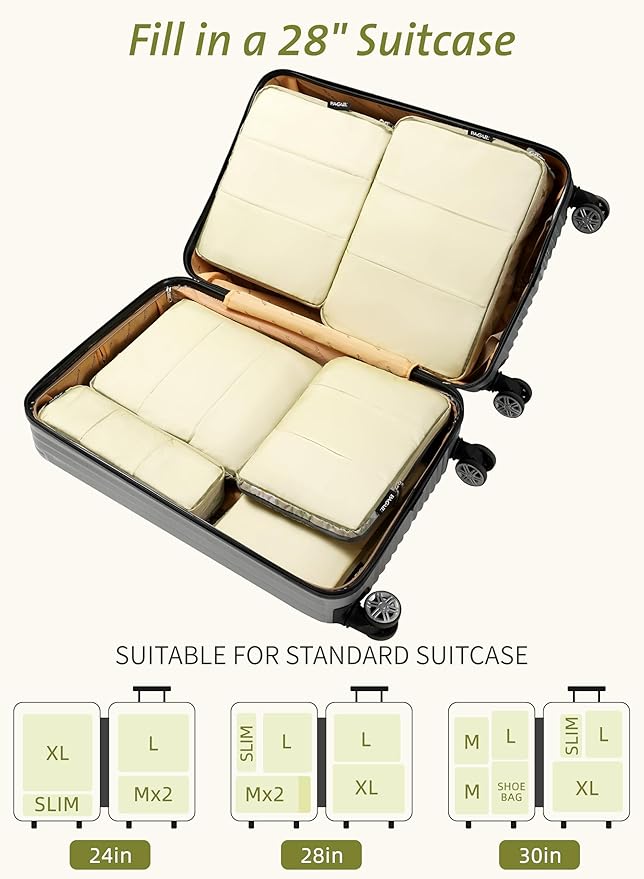 Bagail Ultralight Compression Cubes 7 Set - 3 Packing Cubes, 3 Organizers, and 1 Shoe Bag